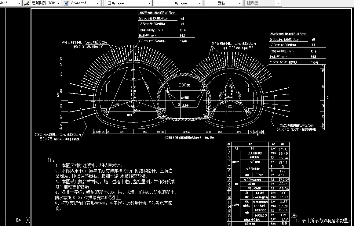 匝道连拱段衬砌结构设计图