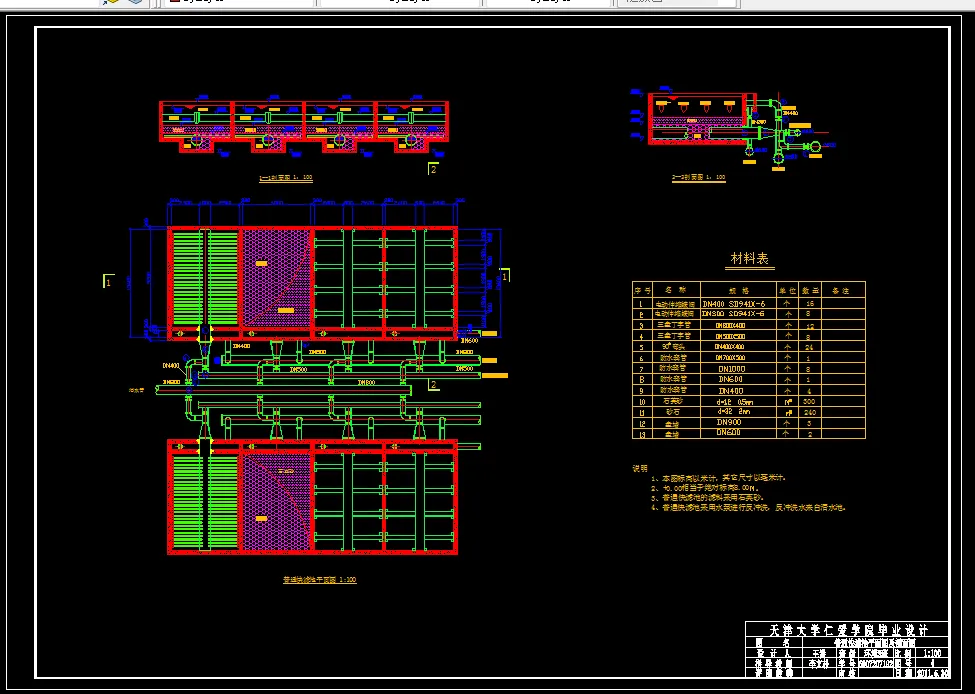 普通快滤池平面图及剖面图