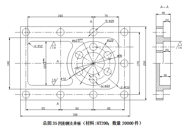 JJ3422-凹形侧支承板工艺和夹具设计【钻铰6-Φ20孔和铣槽】
