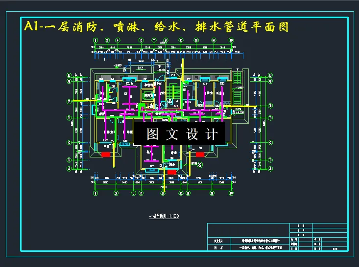 一层消防、喷淋、给水、排水管道平面图